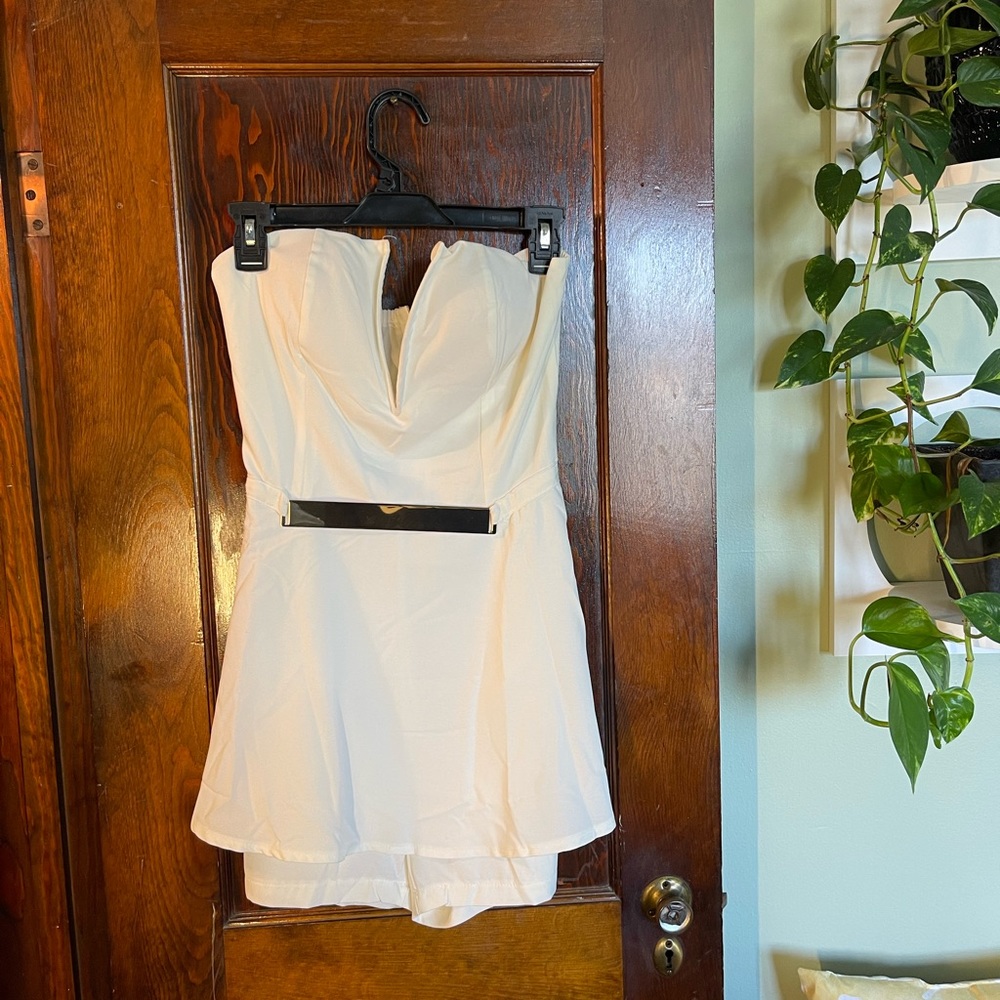 White & Gold Strapless Skirted Romper